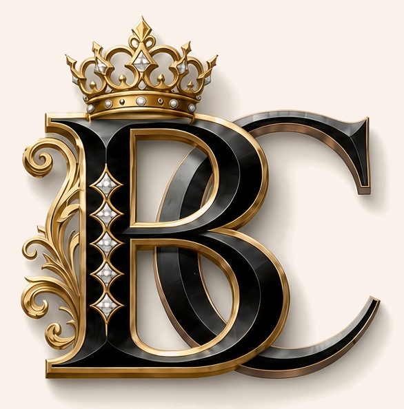 Crowned BC monogram — Buttercup's mark, black and gold